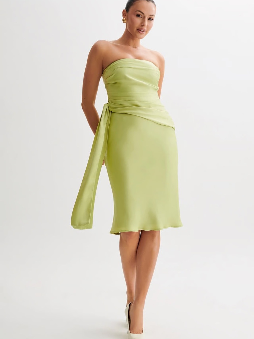 Meshki Allegra Satin Knee Length Skirt and Satin Ruched Strapless Top SET